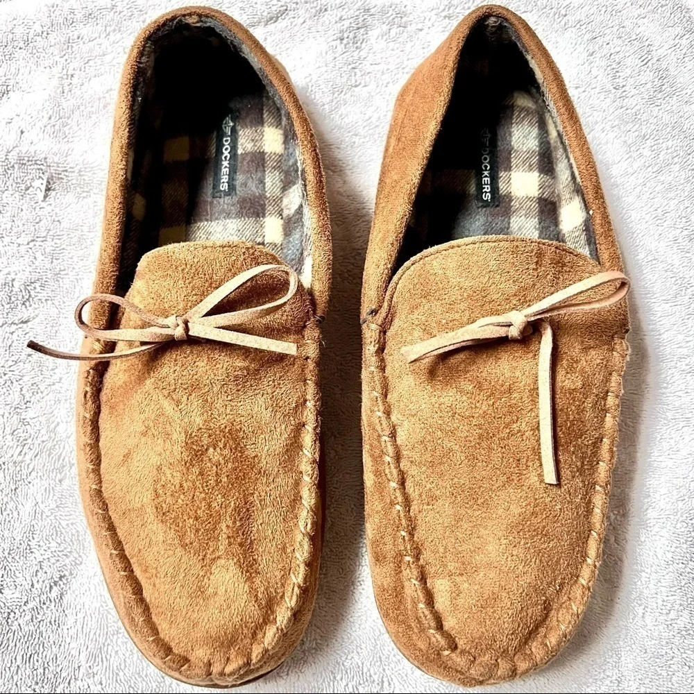 DOCKERS mens moccasin slippers tan suede size 11-12